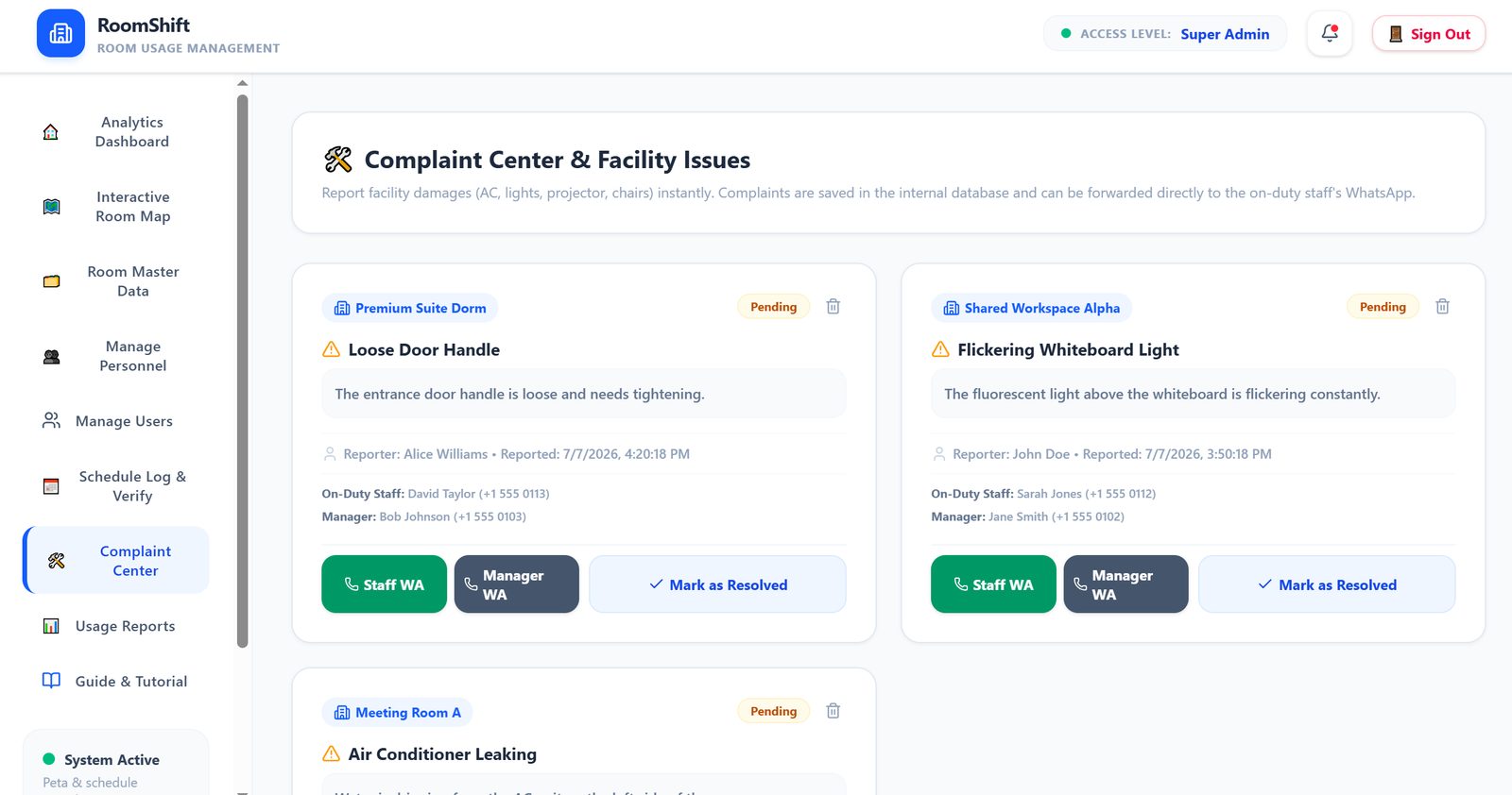 RoomShift complaint center
