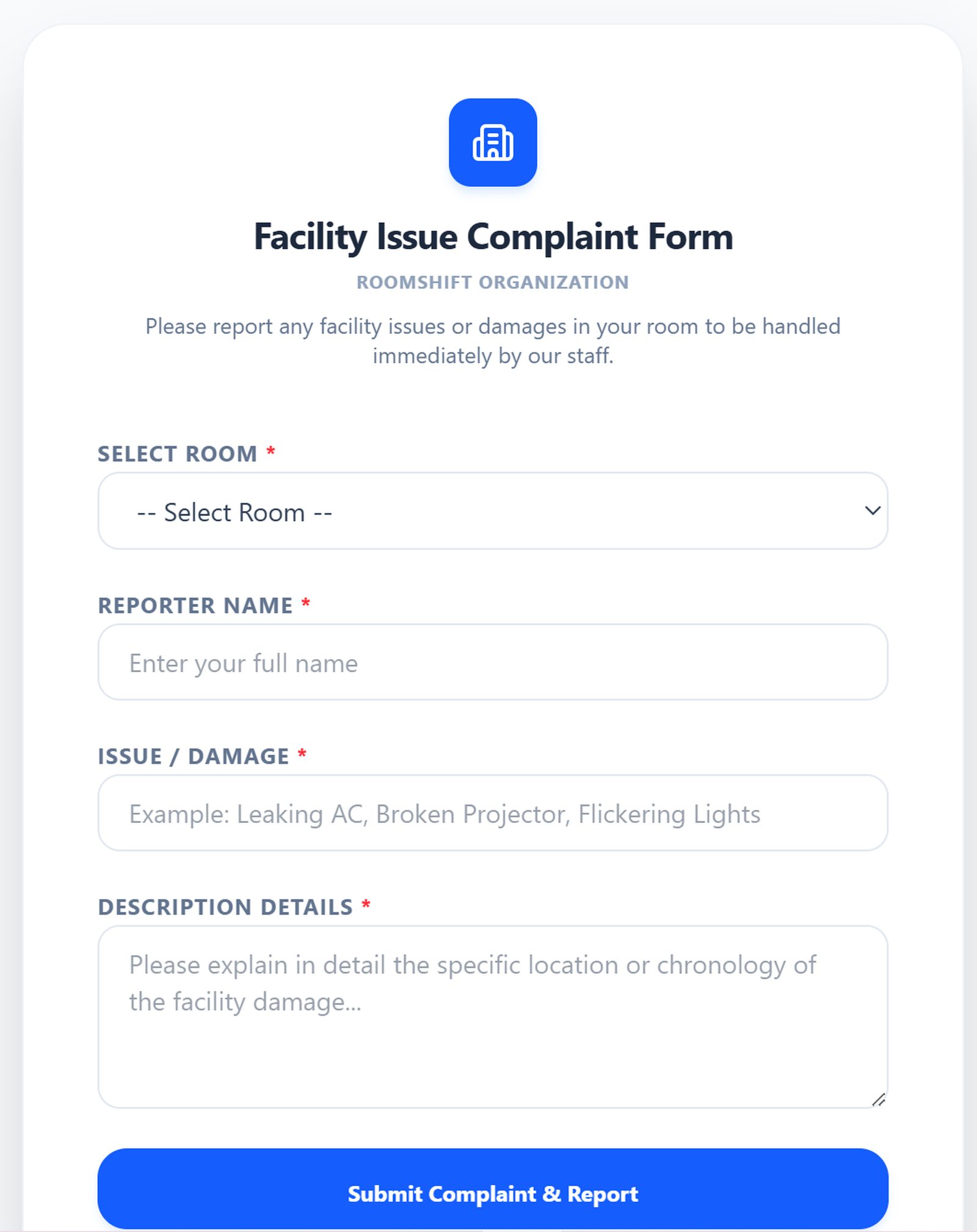 RoomShift public complaint form