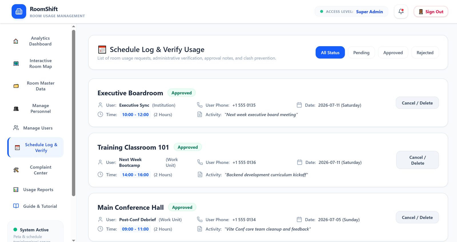 RoomShift booking schedule log